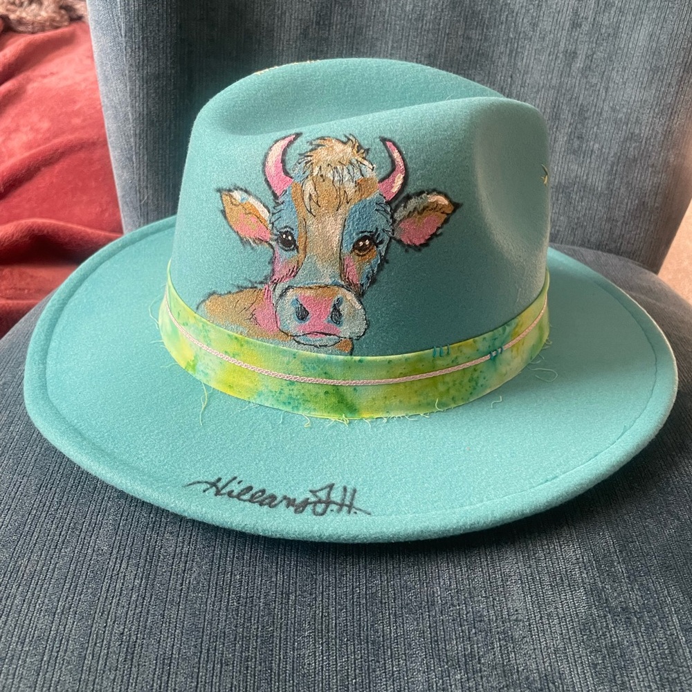 Hand Painted Blue Fedora Hat - Picture 3 of 3